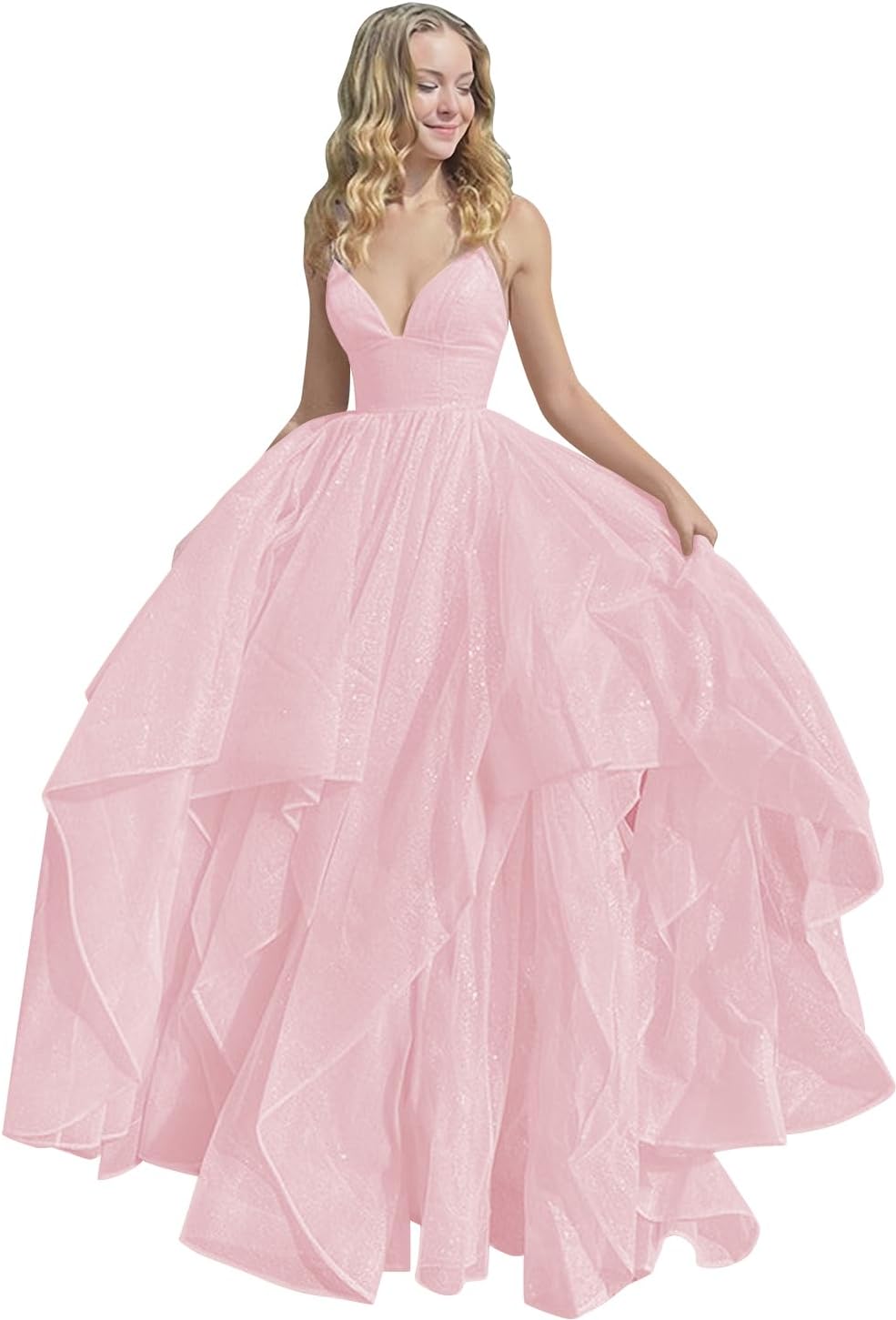 Women's Sparkly Tulle Prom Dress 2023 Long Ball Gown Spaghetti Straps Quinceanera Dress