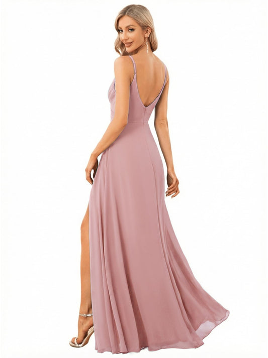 Women's Summer Sexy Backless Spaghetti Straps V-Neck Slit Floor Length Chiffon Bridesmaid Dresses Formal Dress