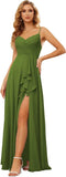 Vestidos de dama de honor largos de gasa con tirantes finos y bolsillos, vestidos formales con volantes y abertura para mujer 