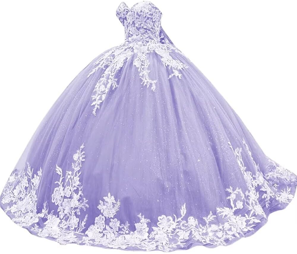 Sparkly Tulle Sweet 15 16 Quinceanera Dress Lace 3D Floral Ball Gown Strapless Puffy Prom Formal Gown