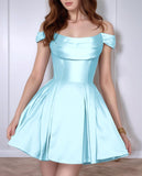 Satin Homecoming Dresses Short Wedding Dresses 2027 Off Shoulder Prom Dress with Pockets A Line Formal Party Gown