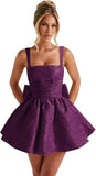 Jacquard Satin Homecoming Dresses for Teens Spaghetti Straps Short Prom Dress A-line Cocktail Party Gowns with Bow