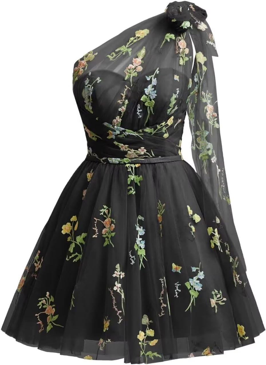 One Shoulder Homecoming Dresses for Teens Flower Embroidery Tulle Short Prom Dress A-Line Formal Party Ball Gowns