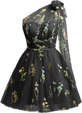 One Shoulder Homecoming Dresses for Teens Flower Embroidery Tulle Short Prom Dress A-Line Formal Party Ball Gowns