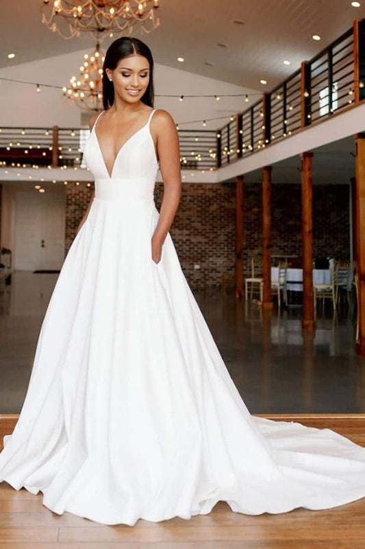 V Neck Satin Wedding Dresses for Bride A Line Beach Boho Backless Lace Bridal Gowns