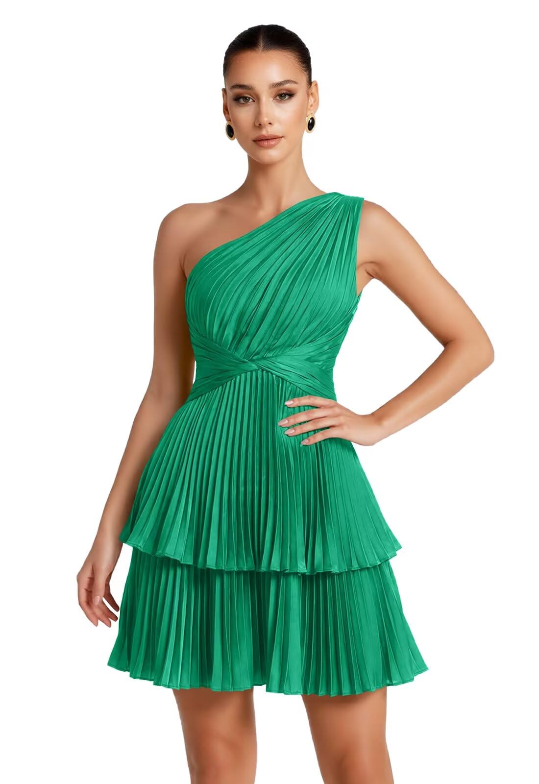One Shoulder Satin Homecoming Dresses for Teens 2026 Short A-line Prom Dress Pleated Tiered Cocktail Party Gowns