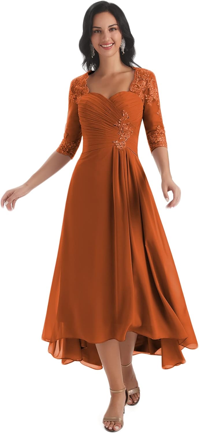 Women's Tea Length Mother of The Bride Dresses for Wedding Short Sleeves Lace Applique Formal Evening Prom Gowns