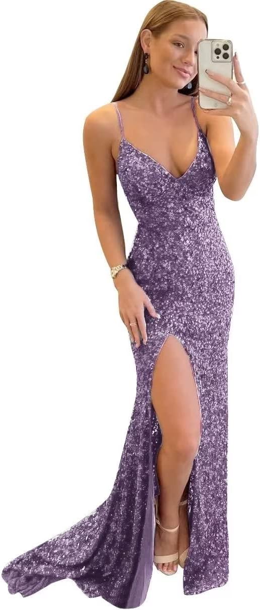 Vestido de fiesta con tirantes finos y lentejuelas, vestido de noche de sirena brillante con abertura, vestidos largos para mujer 2024 