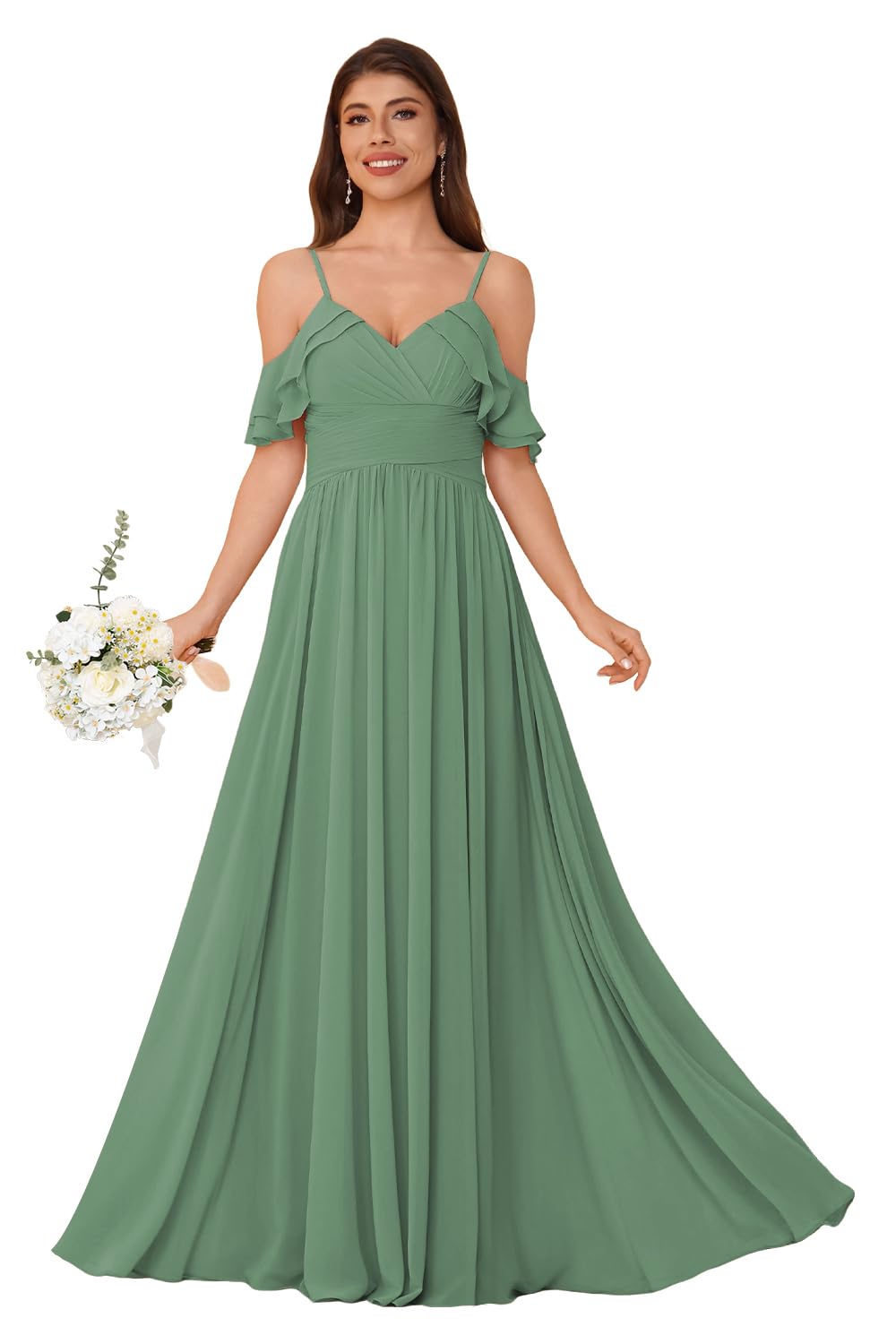 Women's Long Chiffon Bridesmaid Dresses Ruffle V Neck Formal Evening Prom Gown Spaghetti Strap Maxi Wedding Guest Dress