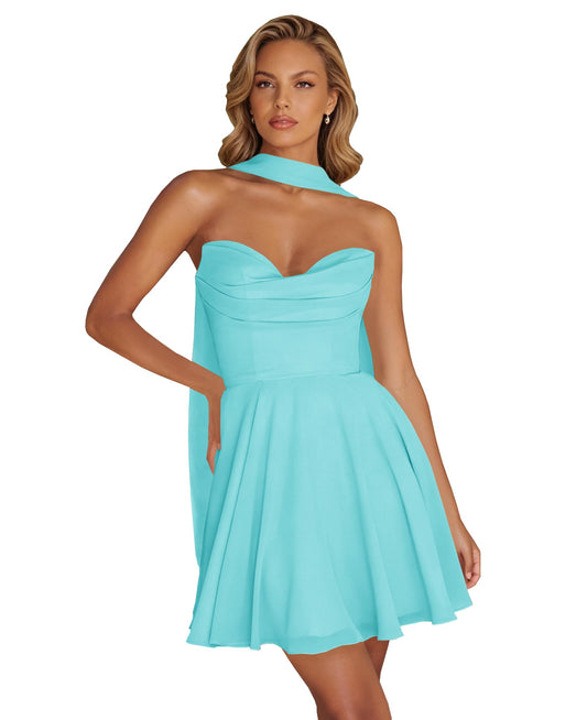 Chiffon Homecoming Dresses for Teens with Scarf Strapless Ruched Sweetheart Corset Short Prom Dresses