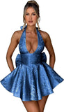 Satin Halter Homecoming Dresses for Teens 2027 V Neck Jacquard A-line Short Prom Cocktail Gowns with Bow