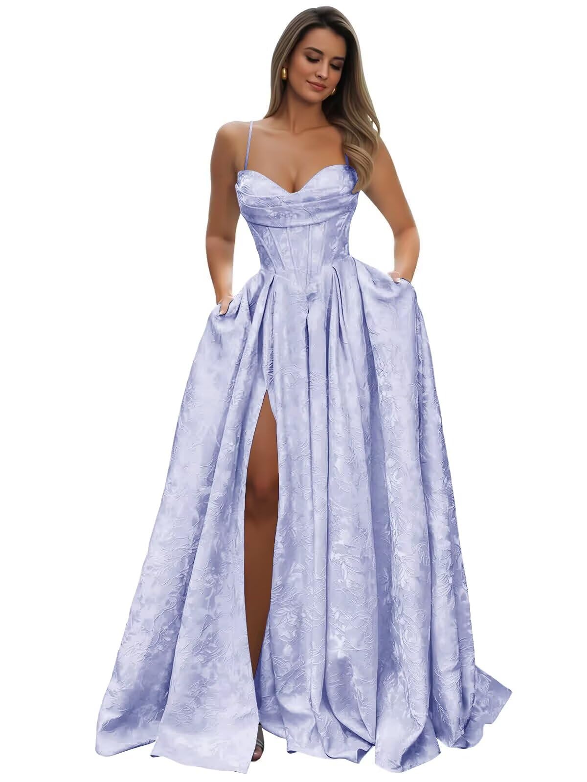 Satin Spaghetti Straps Prom Dresses for Women Jacquard Aline Backless Formal Evening Party Ball Gowns with Pockets