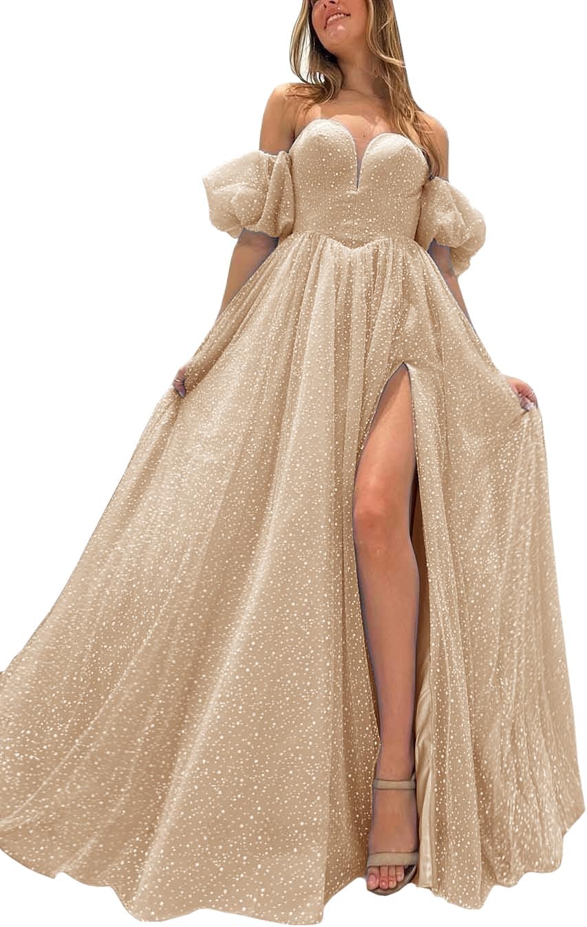 Tulle Prom Dresses for Women 2027 Sparkly Puffy Sleeves Long Ball Gowns with Slit A-Line Evening Dresses
