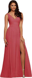 Vestidos de dama de honor largos con escote en V y abertura en gasa, corte A, plisados, para noche, fiesta formal