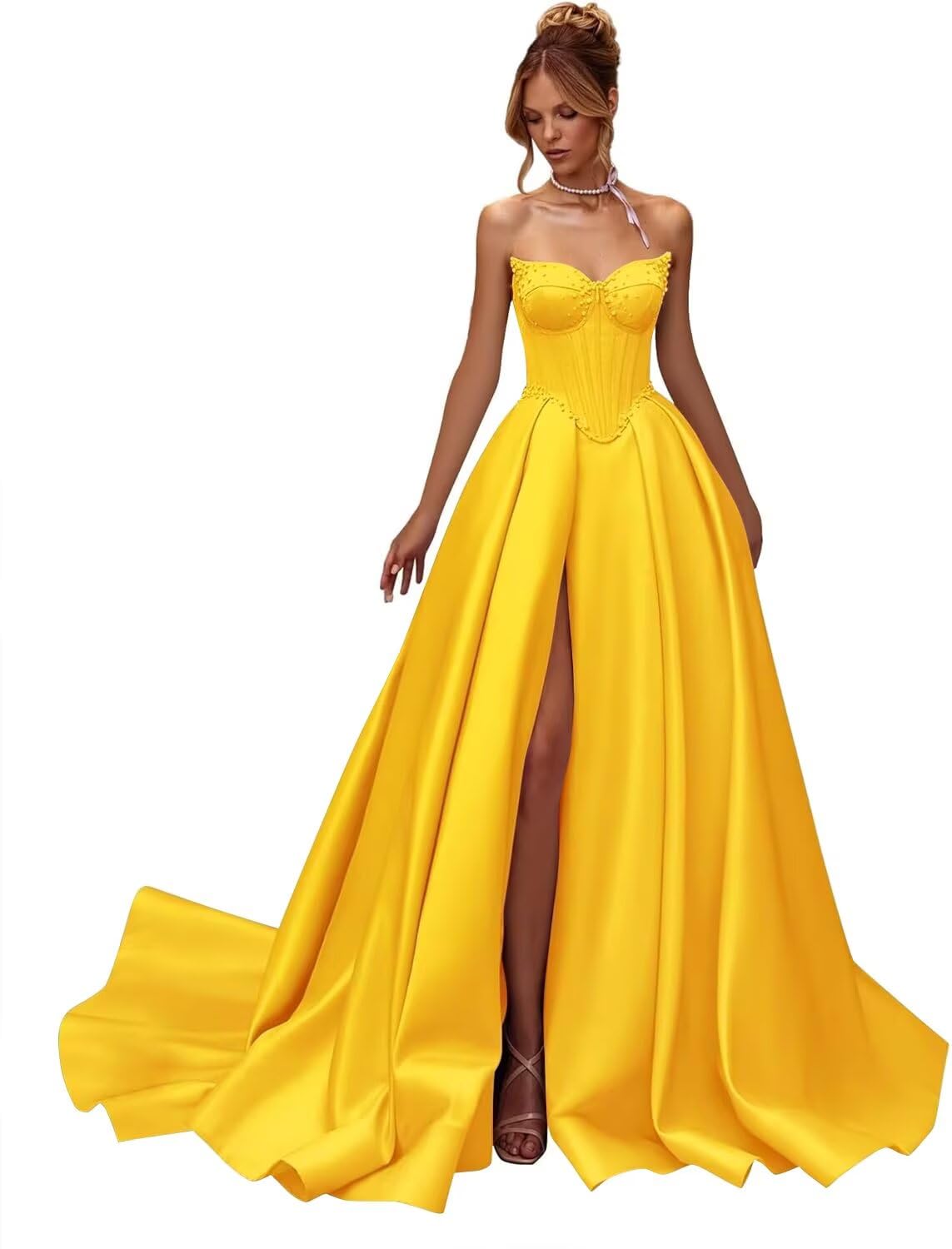Kingbridal Gowns Strapless Prom Dresses for Women 2026 Long Satin A-line Formal Dress with Slit Beaded Corset Evening Party Gowns