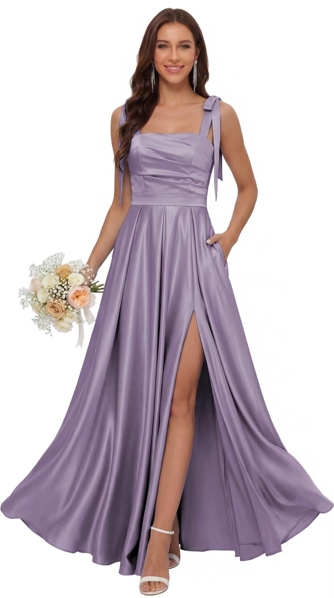Satin Bridesmaid Dresses with Slit Spaghetti Straps Square Neck Long Formal Dress