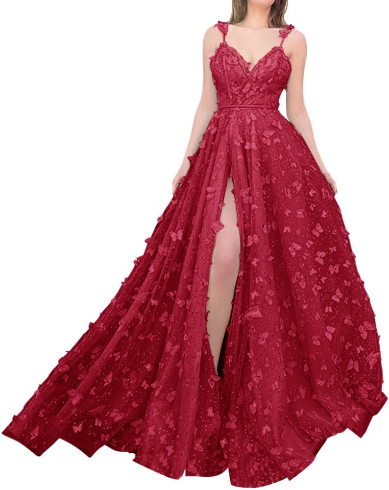 Sparkly Prom Dresses for Teens 2027 3D Butterfly Tulle Spaghetti Straps Long Slit Backless Party Gowns