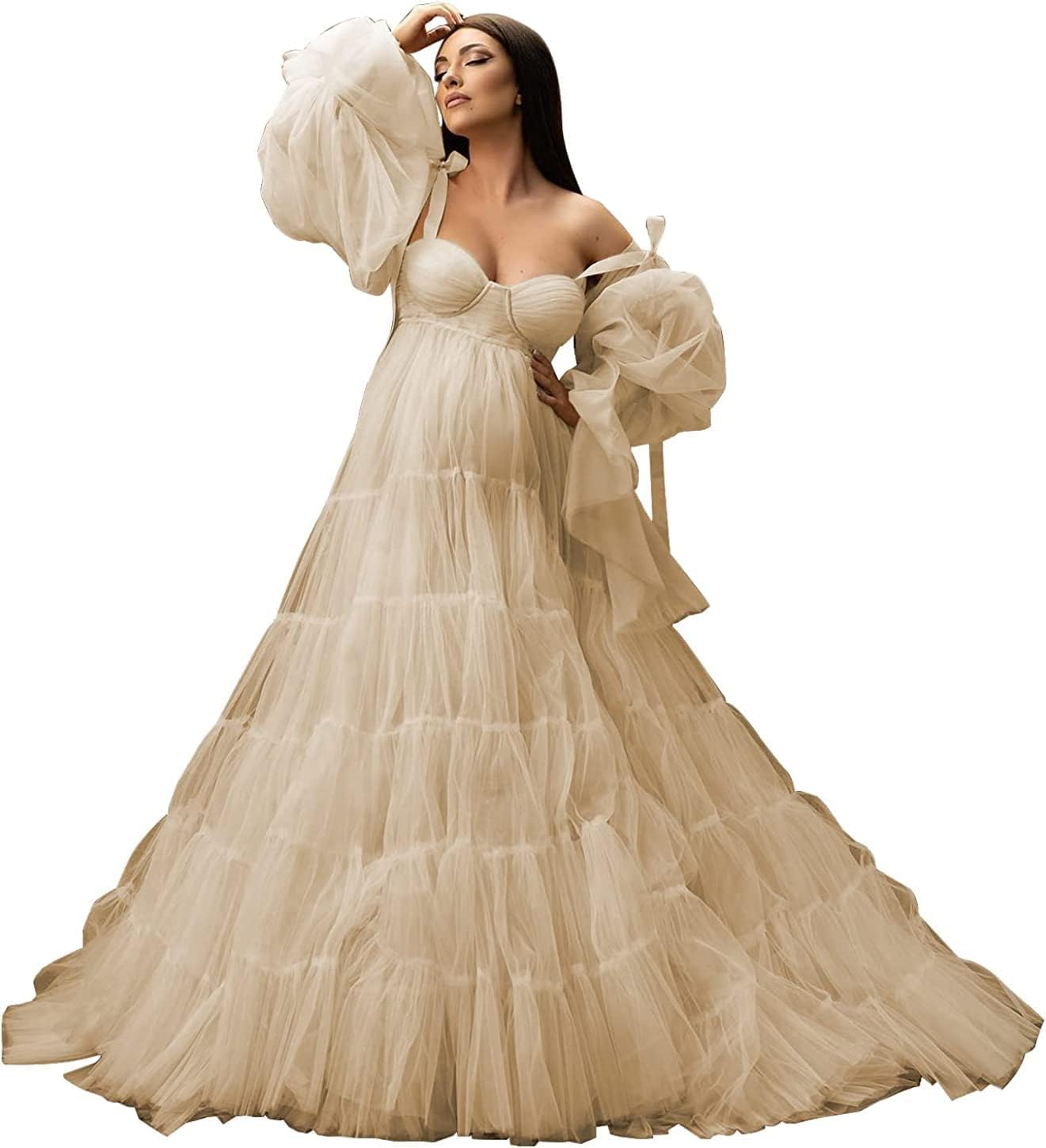 Womens Tulle Robe Maternity Dress for Photoshoot Off Shoulder Bridal Lingerie Maternity Gowns for Babyshower