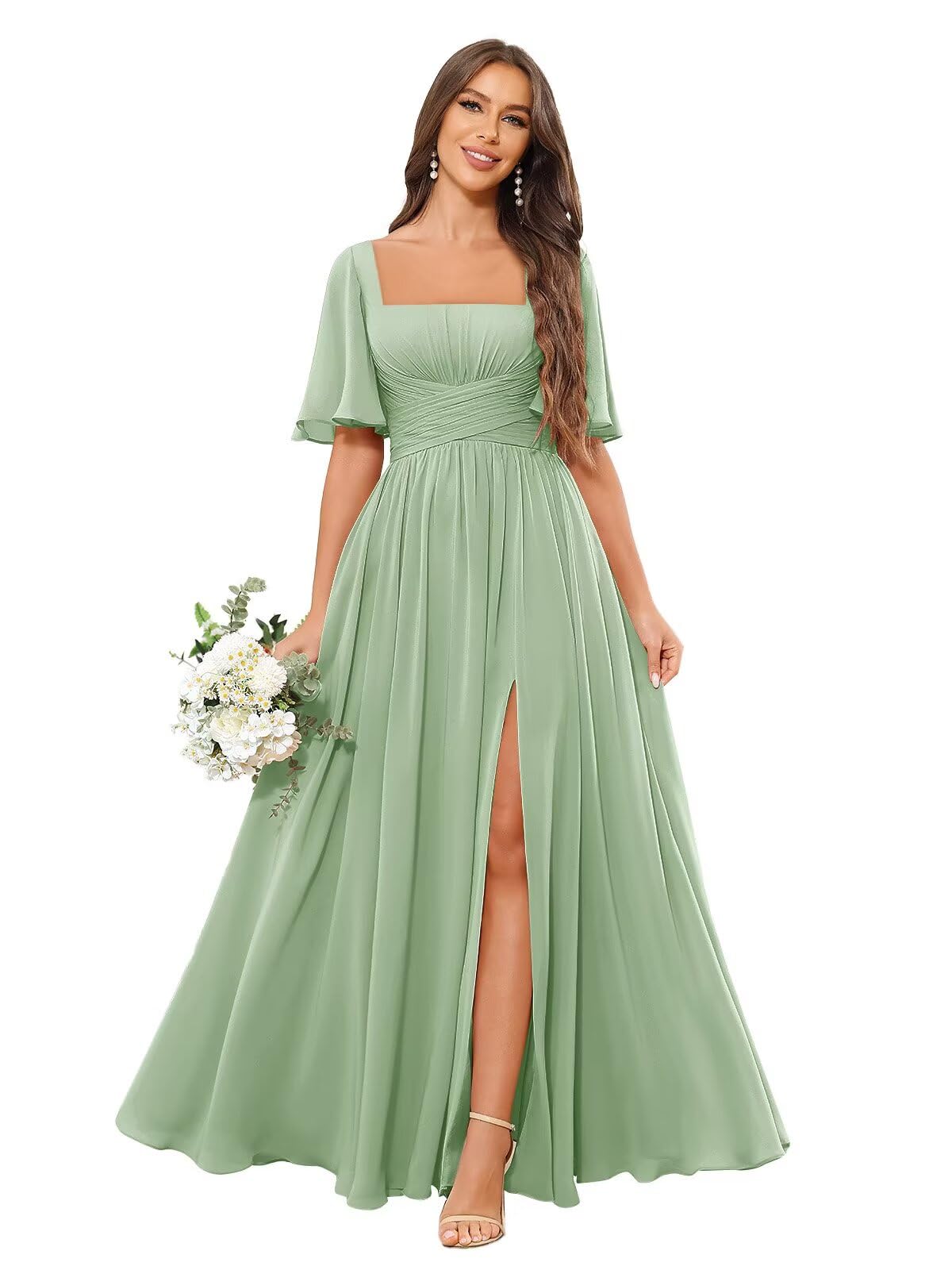 Square Neck Bridesmaid Dresses with Slit Pockets Flutter Sleeve Long Chiffon Formal Wedding Guest Dress