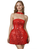 Strapless Sequin Homecoming Dresses for Teens Short Prom Dress Sparkly A-Line Cocktail Party Gowns with Pockets