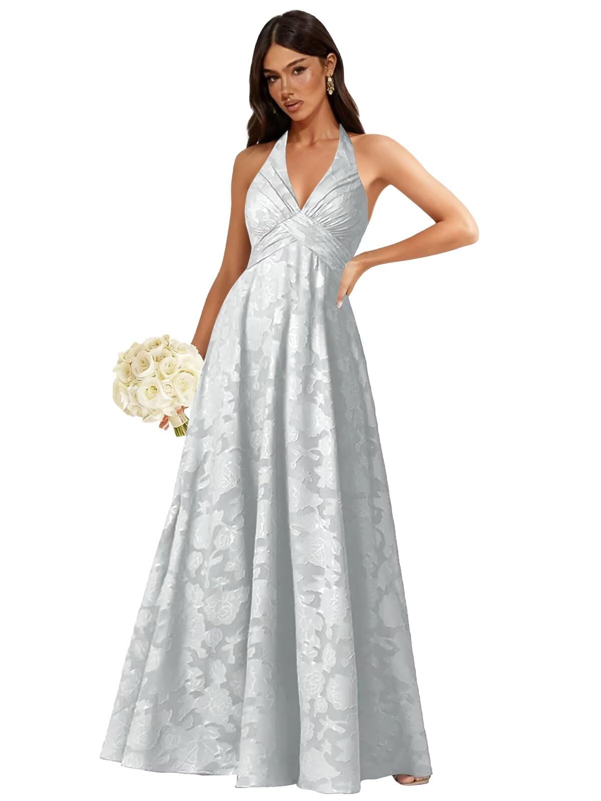 Floral Lace Bridesmaid Dresses for Women Long V Neck A-Line Open Back Halter Formal Evening Gown