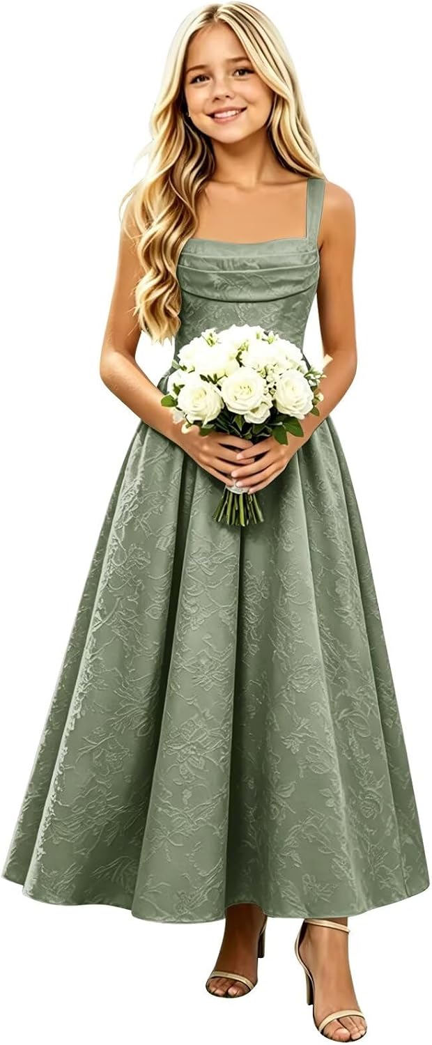 Girls Floral Satin Jacquard Junior Bridesmaid Dresses Long Ruched Flower Girl Dress for Wedding