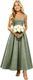 Girls Floral Satin Jacquard Junior Bridesmaid Dresses Long Ruched Flower Girl Dress for Wedding