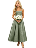 Floral Satin Jacquard Junior Bridesmaid Dresses Long Ruched Flower Girl Dress for Wedding
