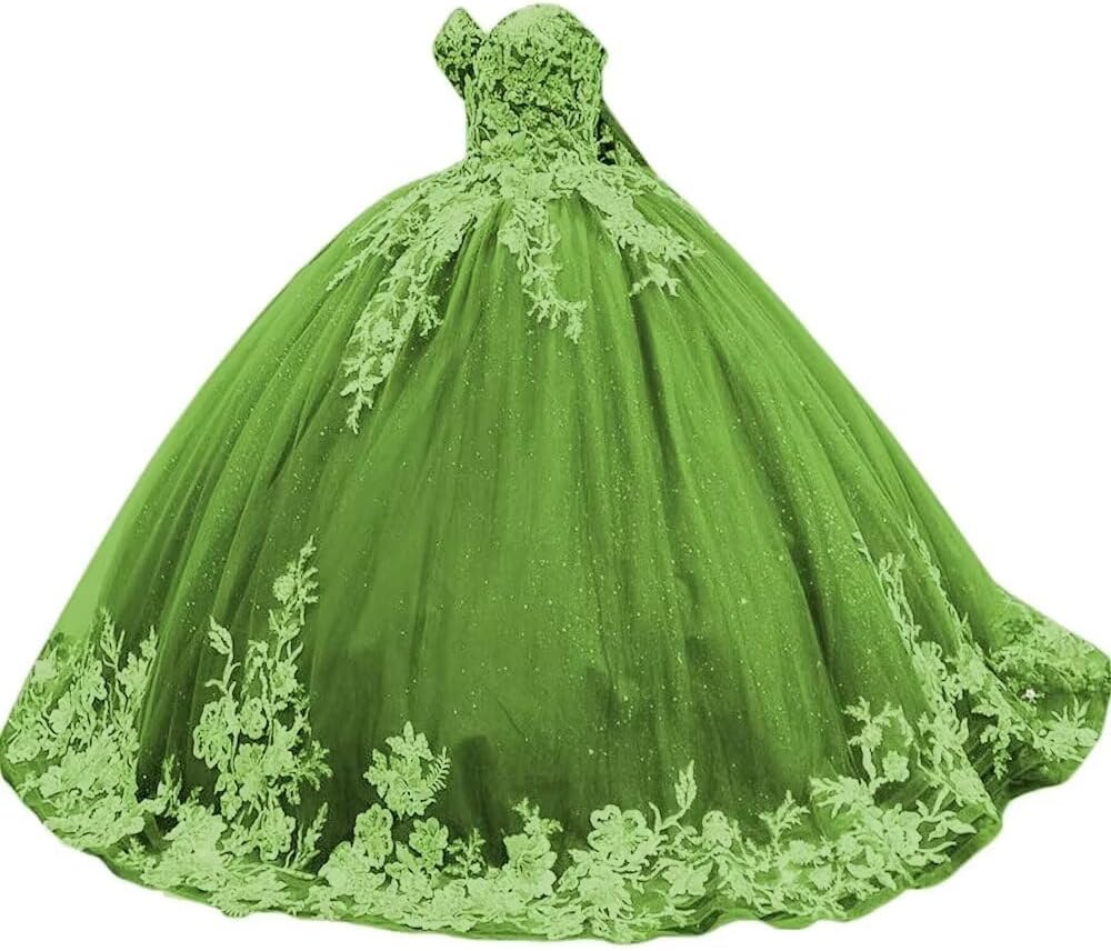 Sparkly Tulle Sweet 15 16 Quinceanera Dress Lace 3D Floral Ball Gown Strapless Puffy Prom Formal Gown