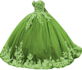 Sparkly Tulle Sweet 15 16 Quinceanera Dress Lace 3D Floral Ball Gown Strapless Puffy Prom Formal Gown