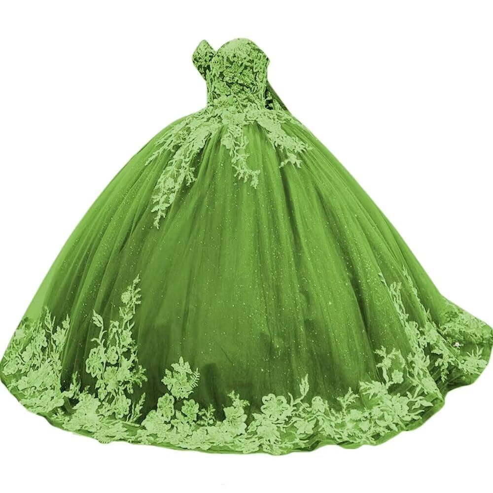 Sparkly Tulle Sweet 15 16 Quinceanera Dress Lace 3D Floral Ball Gown Strapless Puffy Prom Formal Gown