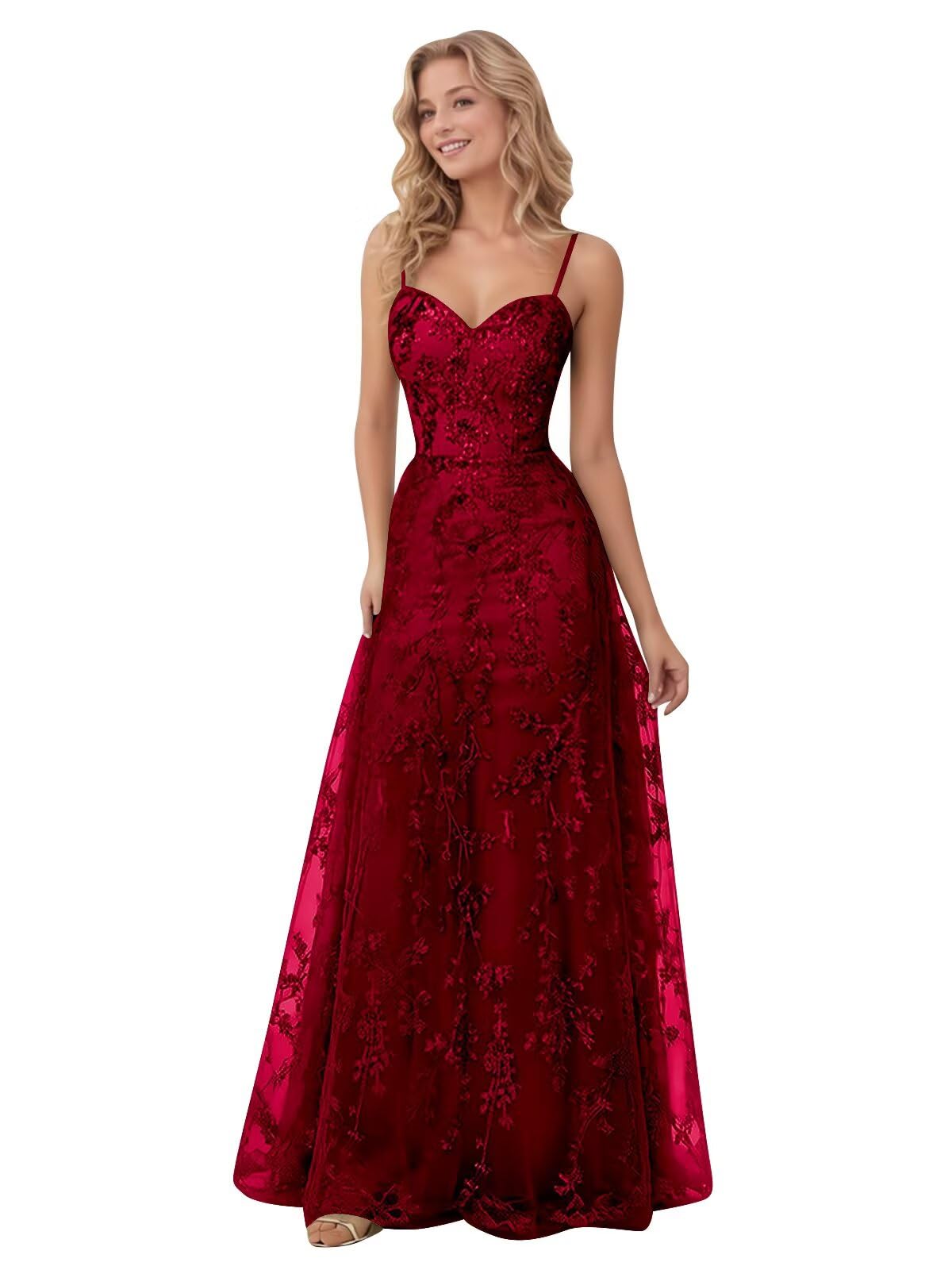Spaghetti Strap Sparkly Prom Dress for Women Long Tulle Lace Formal Dress Laces Evening Party Gown