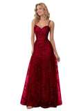 Spaghetti Strap Sparkly Prom Dress for Women Long Tulle Formal Dress Laces Evening Party Gown
