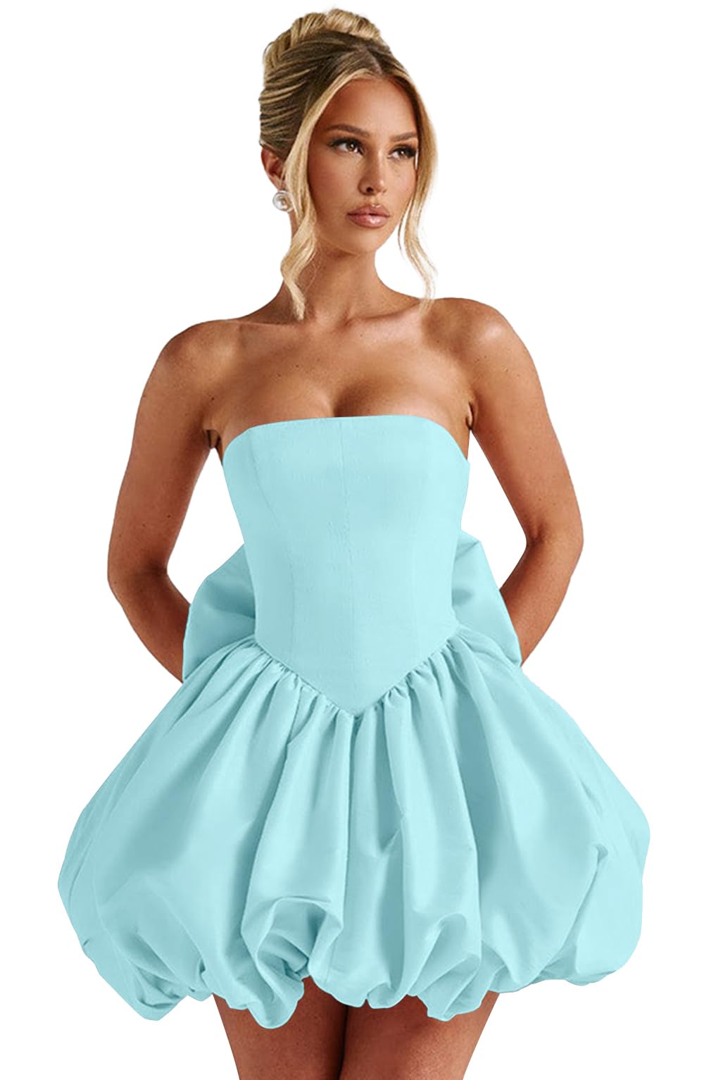 Satin Flower Bud Homecoming Dress Short Prom Dress with Bow Strapless A Line Mini Cocktail Party Gown