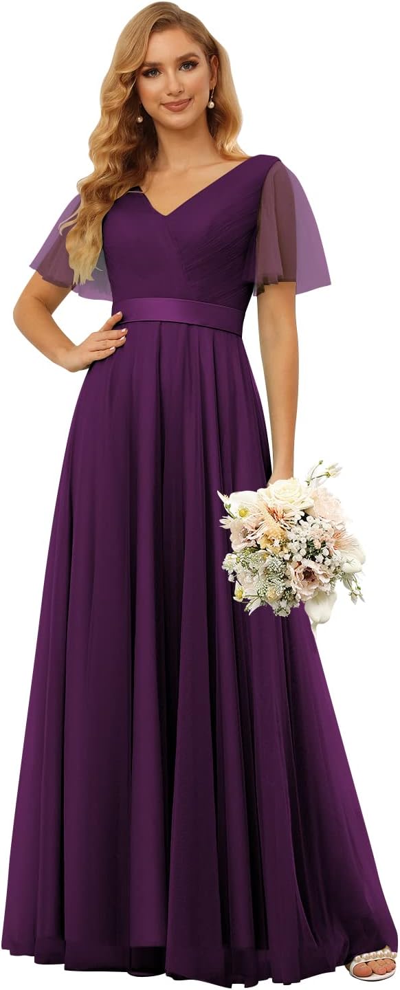 Damen Brautjungfernkleider mit Flatterärmeln, Tüll, lang, V-Ausschnitt, Empire-Taille, formelles Kleid 