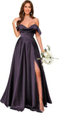 Off Shoulder Satin Bridesmaid Dresses Long Pleated Formal Dresses A Line Evening Gowns with Slit