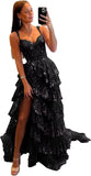 Vestido de fiesta de tul con encaje y capas, tirantes finos y abertura larga, corsé brillante, vestidos formales de fiesta de noche 