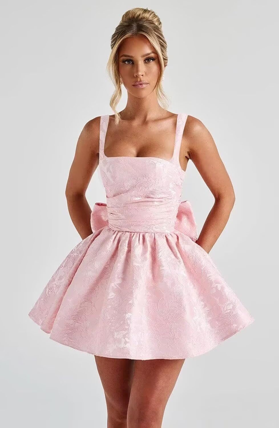 Jacquard Satin Homecoming Dresses for Teens Spaghetti Straps Short Prom Dress A-line Cocktail Party Gowns with Bow