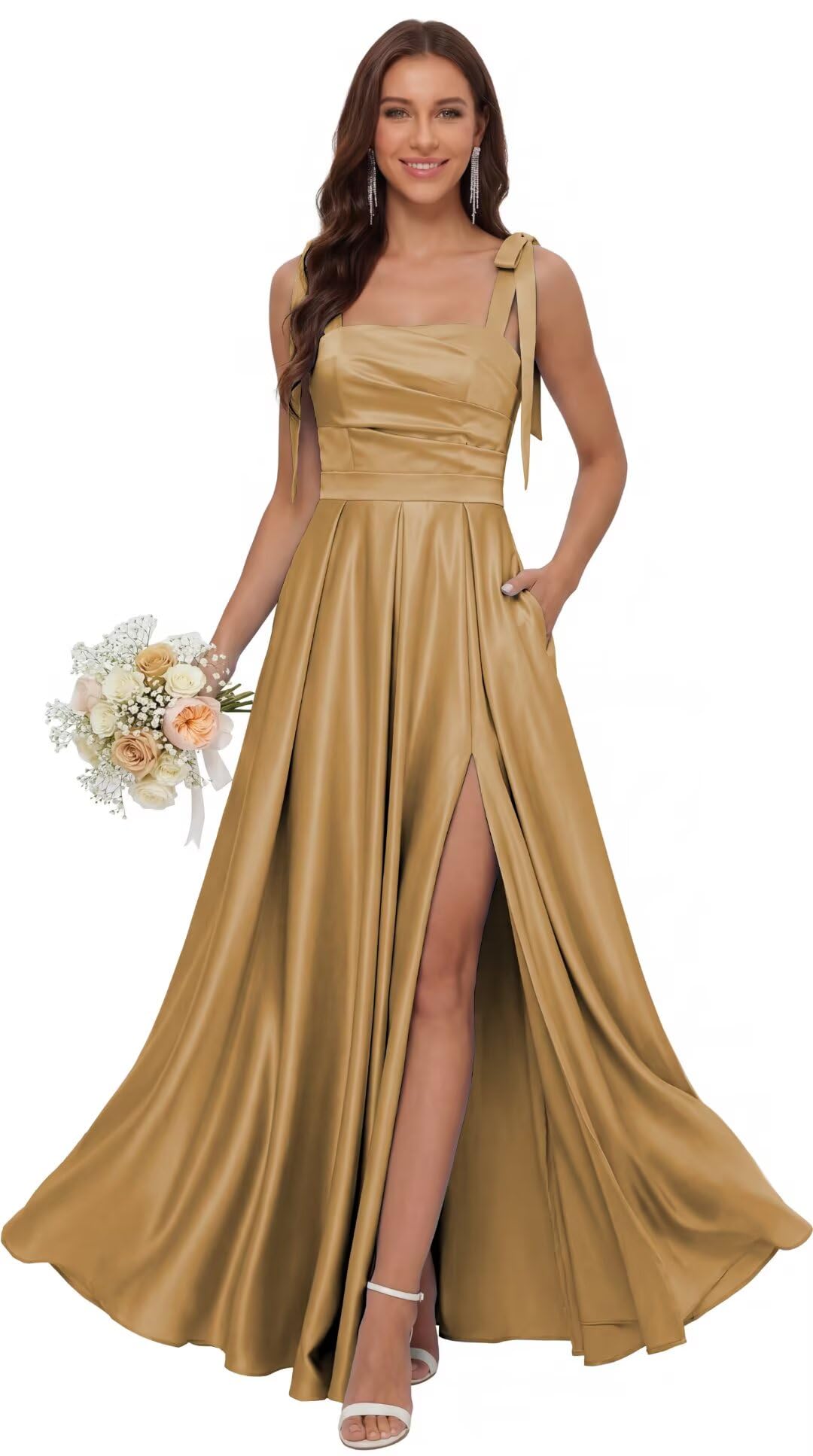 Satin Bridesmaid Dresses with Slit Spaghetti Straps Square Neck Long Formal Dress
