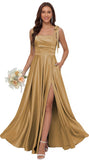 Satin Bridesmaid Dresses with Slit Spaghetti Straps Square Neck Long Formal Dress