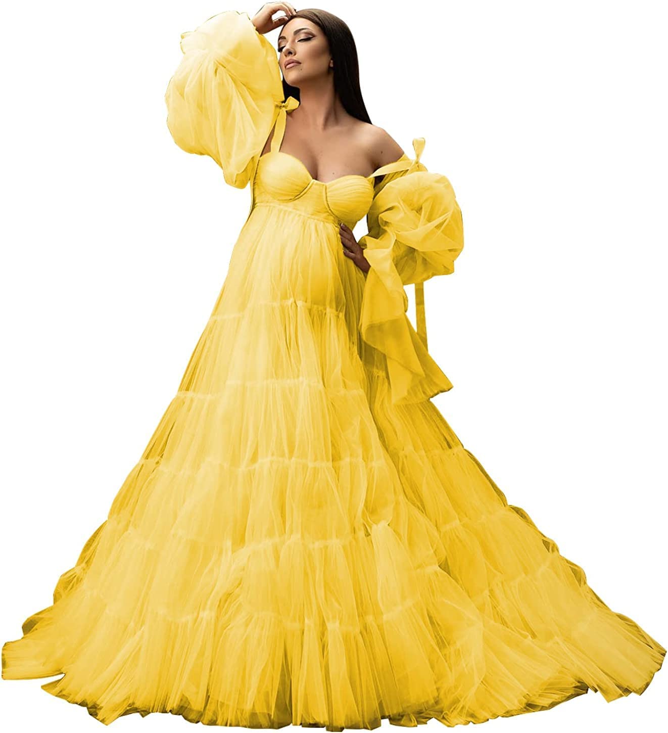 Womens Tulle Robe Maternity Dress for Photoshoot Off Shoulder Bridal Lingerie Maternity Gowns for Babyshower