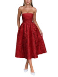 Satin Floral Jacquard Prom Dress for Women Strapless Corset Tea Length Formal Cocktail Evening Gowns
