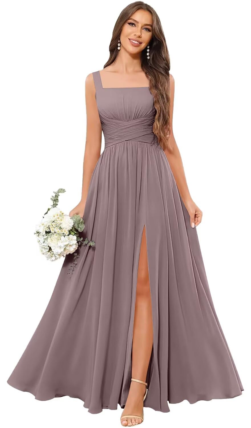 Kingbridal Chiffon A-line Bridesmaid Dresses for Women 2027 Long Square Neck Pleated Formal Evening Party Dress with Slit