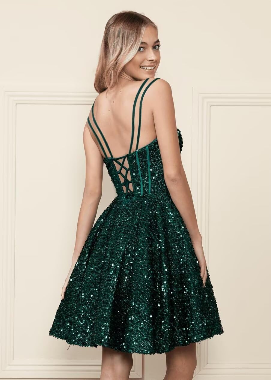 Kingbridal Gowns Sparkly Sequin Homecoming Dresses for Teens 2027 Flowy Spaghetti Straps A-Line Short Formal Prom Dress with Pockets