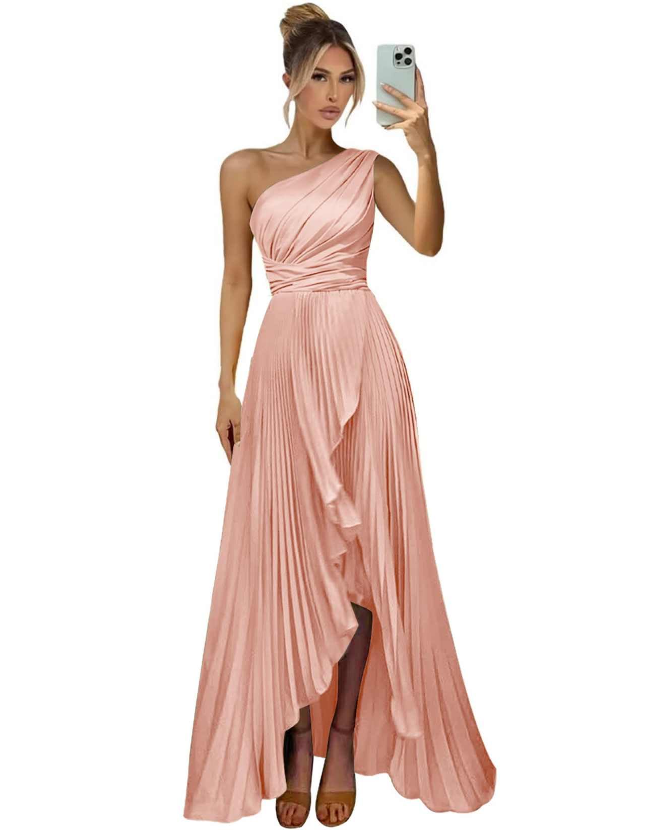 One Shoulder Bridesmaid Dresses for Women Satin Pleated Long A Line Formal Prom Evening Party Dress with Slit