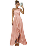 One Shoulder Bridesmaid Dresses for Women Satin Pleated Long A Line Formal Prom Evening Party Dress with Slit
