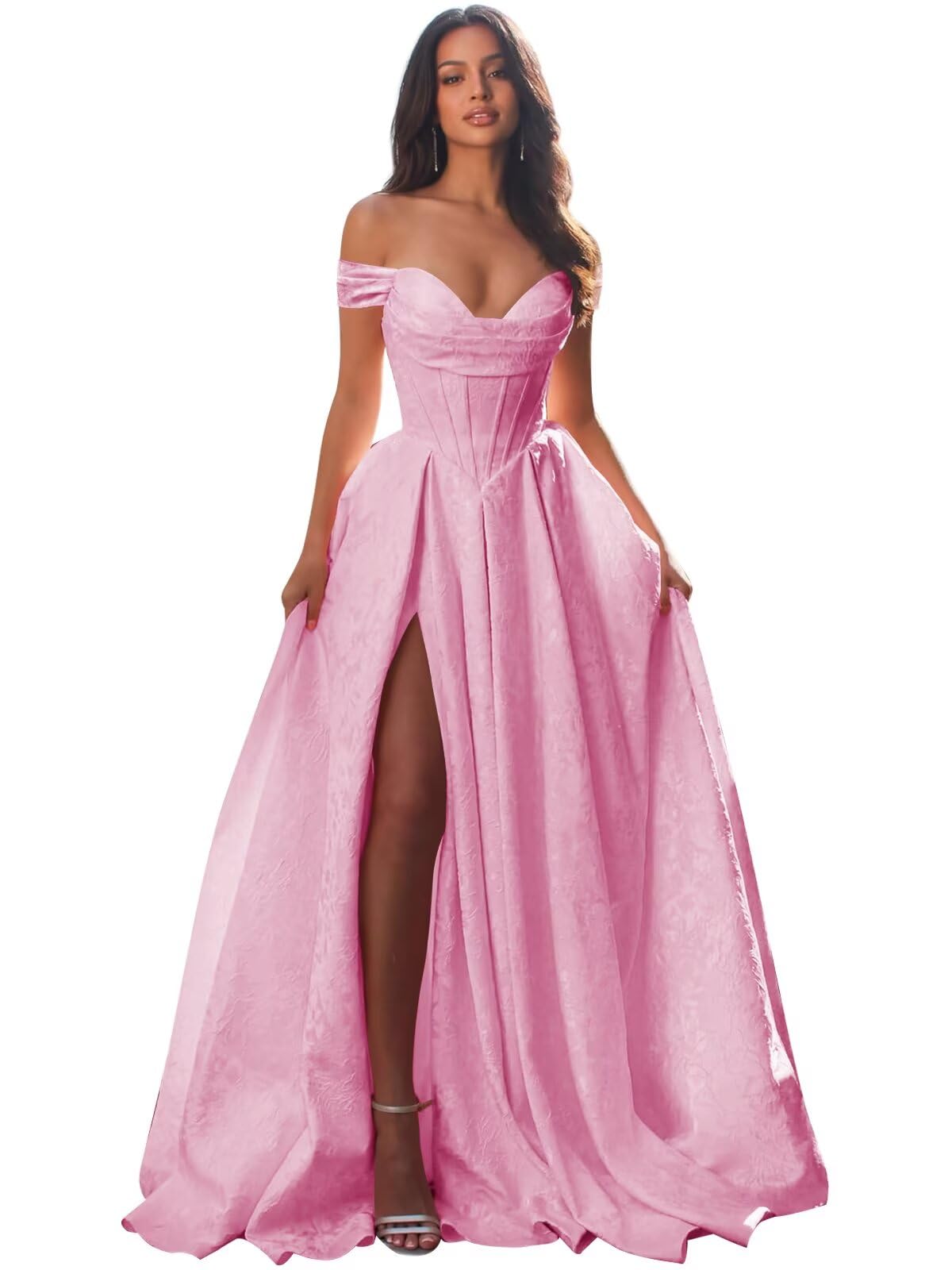 Jacquard Satin Prom Dresses Off the Shoulder Corset A Line Long Formal Gown Sweetheart Neck Party Dress with Slit
