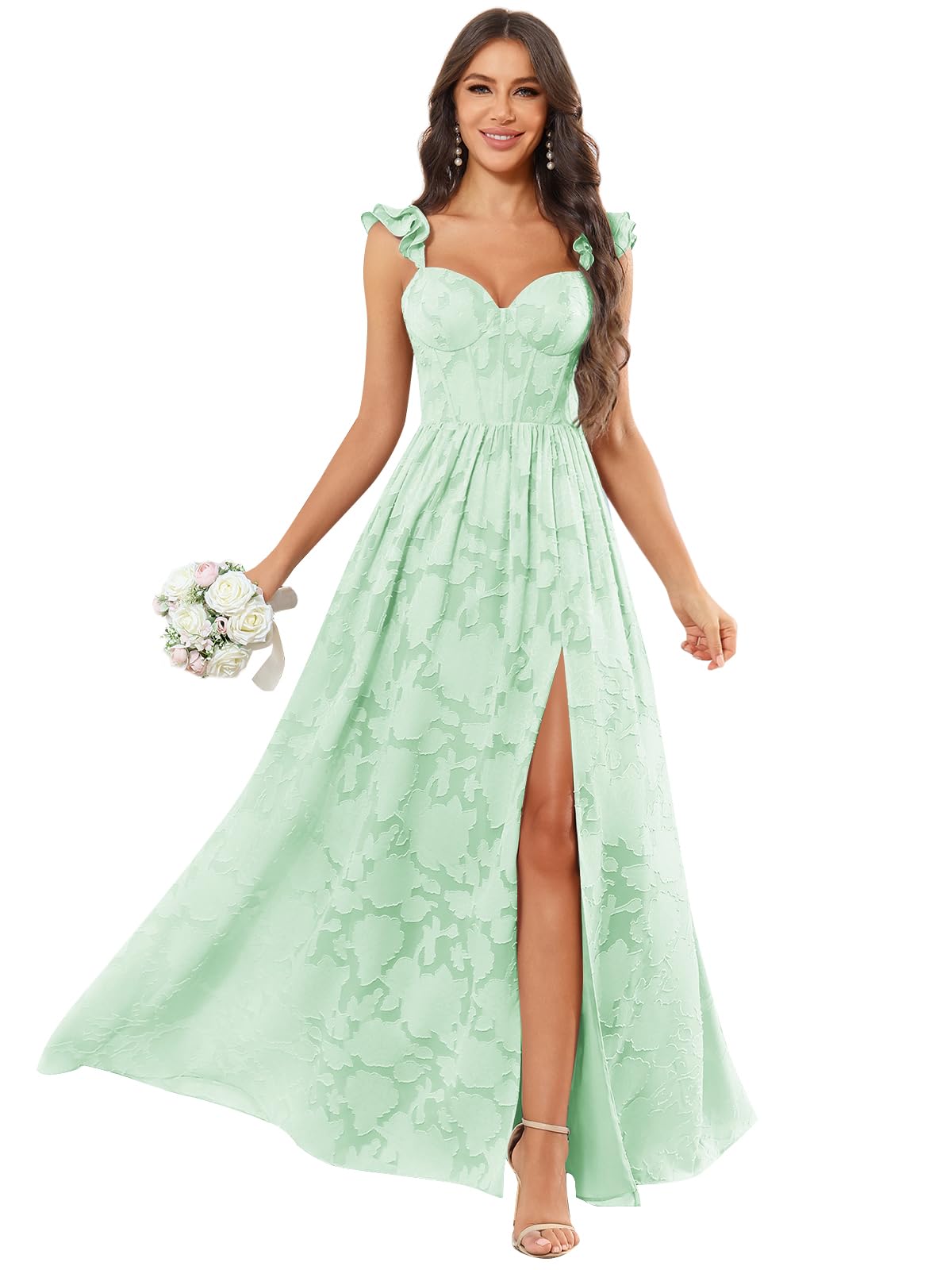 Chiffon Floral Bridesmaid Dresses with Slit Sleeveless Corset Ruffle A Line Long Formal Evening Gowns