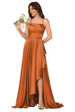 Women's Long Satin Bridesmaid Dresses Spaghetti Strap Halter Formal Evening Gown Ruffle High Low Wedding Guest Dress