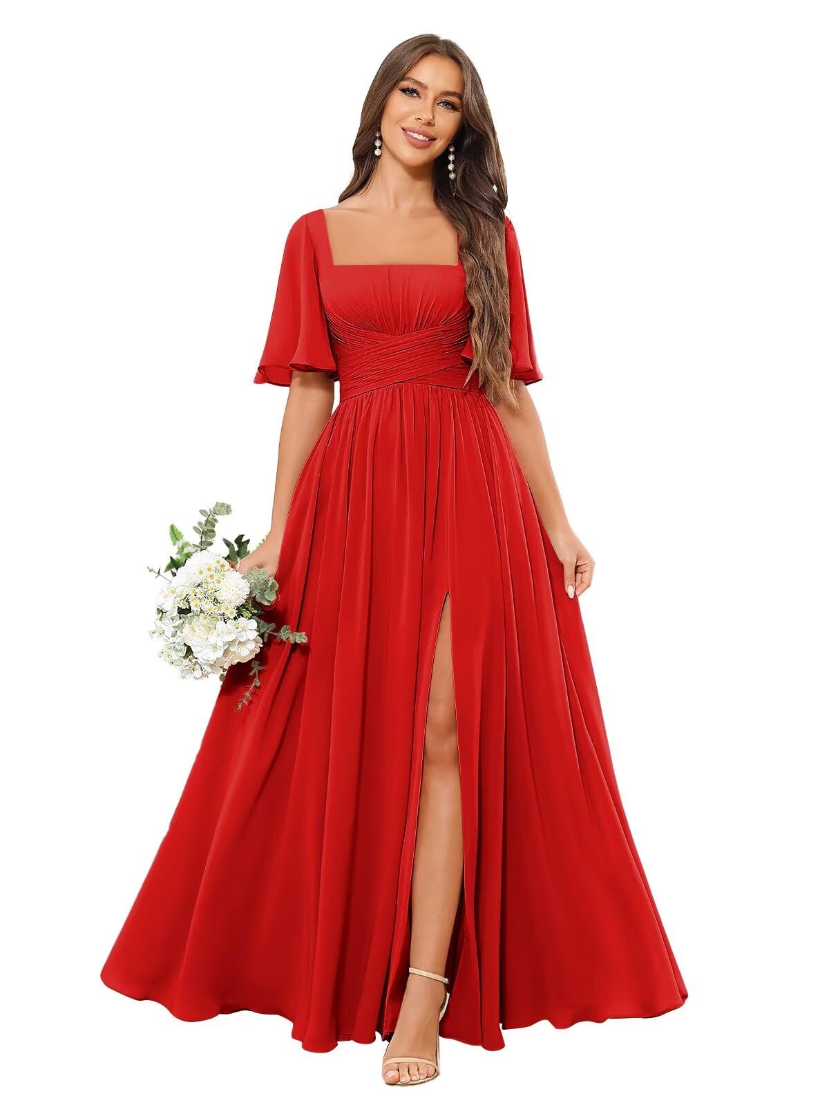 Square Neck Bridesmaid Dresses with Slit Pockets Flutter Sleeve Long Chiffon Formal Wedding Guest Dress